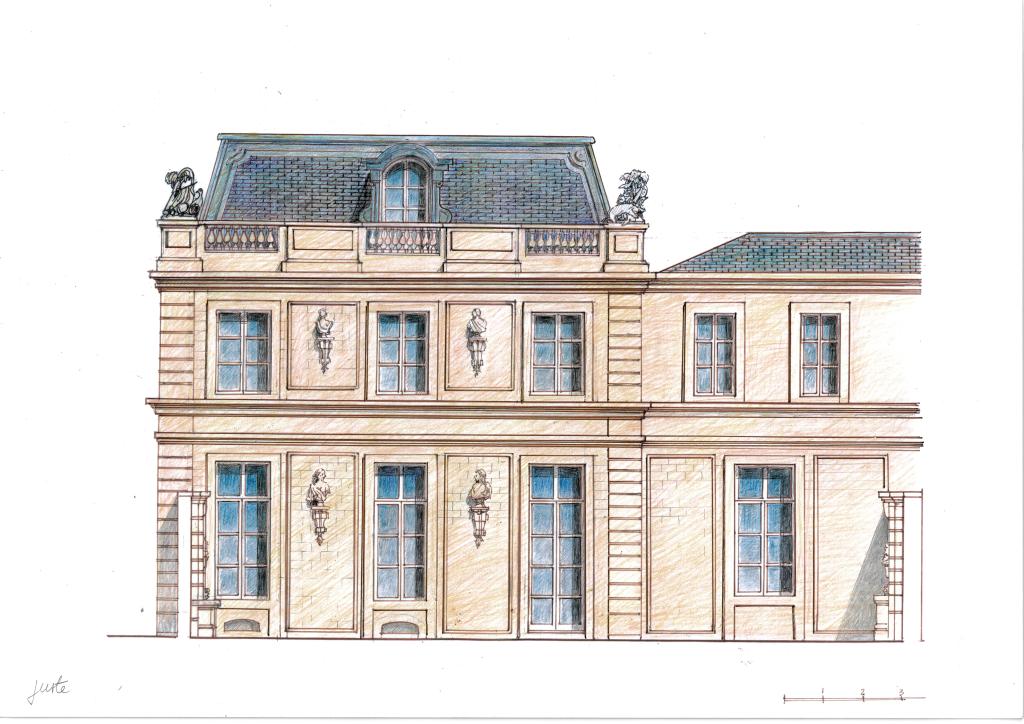 Élisabeth Reinhardt, la façade sur jardin, bâtiment sud, état actuel. Élisabeth Reinhardt, la façade sur jardin, bâtiment sud, état actuel.