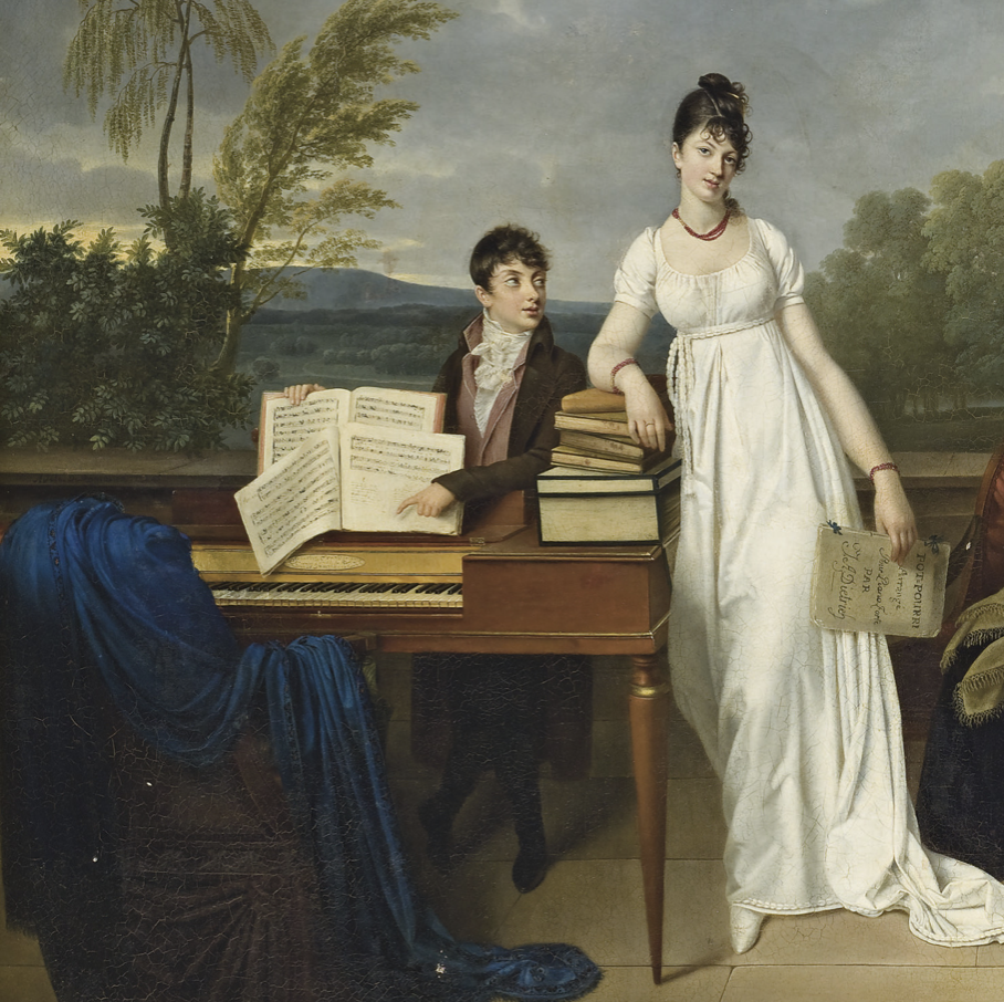 Adèle Romany, Une jeune personne hesitant a toucher du piano devant sa famille, 1804, huile sur toile, dims. H. 113.03 ; L. 146.05 cm. Frances Lehman Loeb Art Center, Vassar College, don de Mary Bridges Boynton, class of 1936, 2009.5