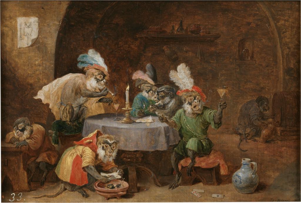 David Teniers le Jeune - Monkeys boire et fumer, 1660, huile sur paneau, 21 x 30 cm. Madrid, Musée del Prado, P001809 David Teniers le Jeune - Monkeys boire et fumer, 1660, huile sur paneau, 21 x 30 cm. Madrid, Musée del Prado, P001809